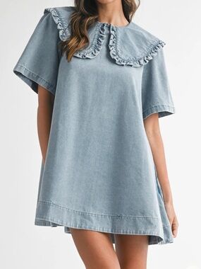 Washed Blue Mini Dress with Ruffle Collar - Women's
